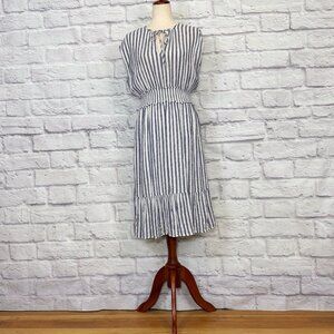 Rails Ashlyn Linen Blend Striped Metallic Tie Neck Midi Dress